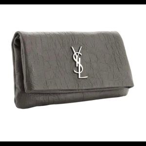 Saint Laurent Monogram West Hollywood Croc Embossed 601313 Grey Leather Clutch